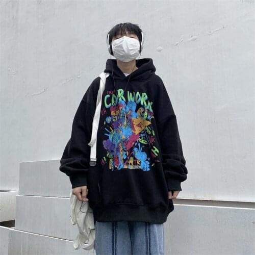 Women Hoodies Print Oversized Hooded Sweatshirt Black White Loose Tops Pullover Plus Size Streetwear Unisex Clothes 2021