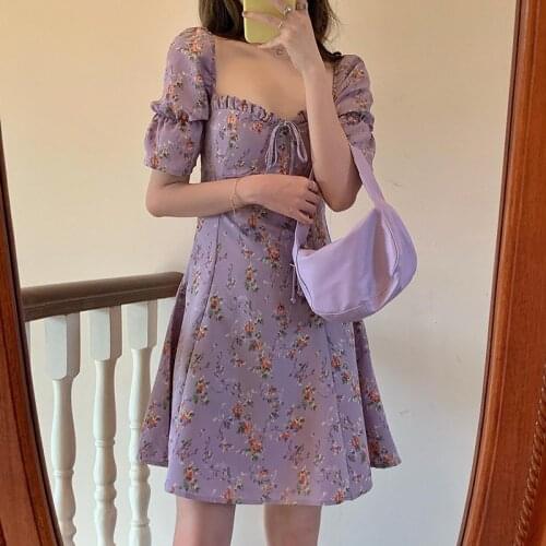 Summer Womens Floral Mini Dress Short Puff Sleeve Tie Up Front Frill A-Line Dress Square Neck Ladies Elegant Short Dress