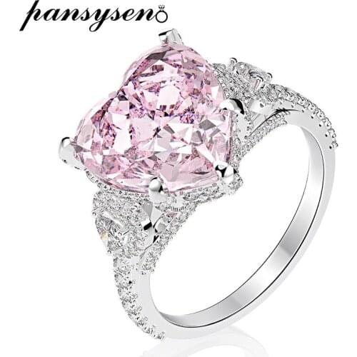 PANSYSEN Romantic 11ct Heart Pink Quartz Wedding Engagement Rings for Women Solid 925 Sterling Silver Fine Jewelry Gemstone Ring