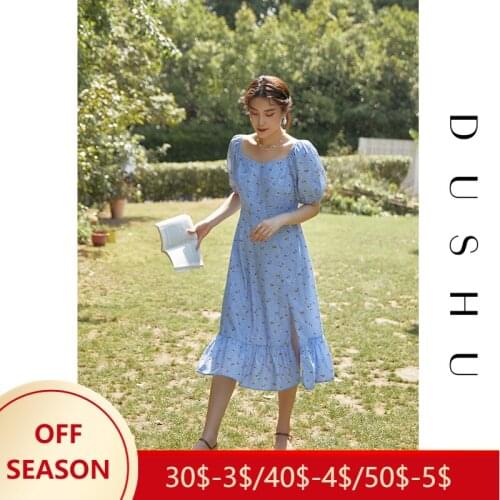 DUSHU LOOSE Office Lady Womens Forest Pastoral Floral Dress 2021 Summer New Style Square Collar Long Oversize Women Dress