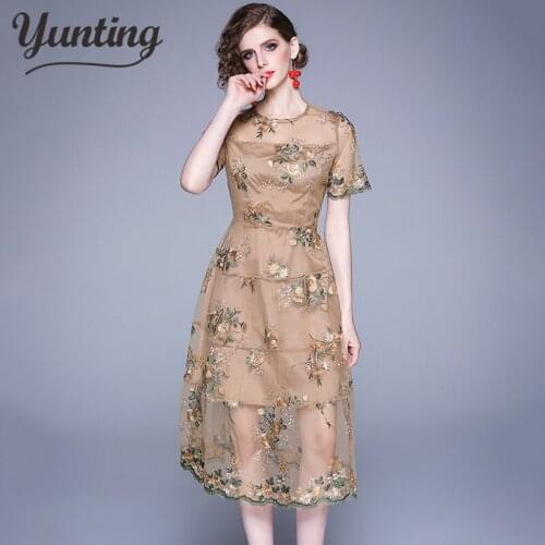Women Autumn Mesh Patchwork Lace Dress Runway Vintage Work Casual Slim Sexy Party Dresses