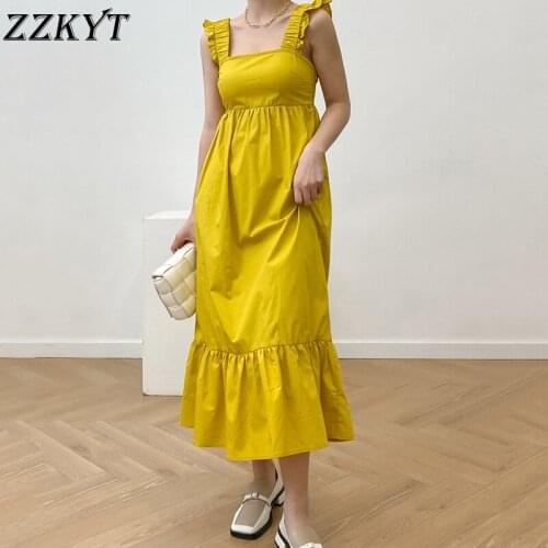 ZZKYT 2021 Women Summer Vintage Solid Ruffles Midi Dress Fashion Square Collar Sleeveless Backless Female Party Dresses Vestidos