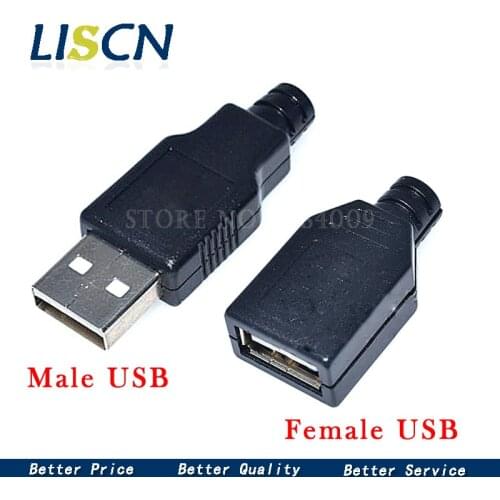 10pcs Type A Male Female USB 4 Pin Plug Socket Connector With Black Plastic Cover Type-A DIY Kits