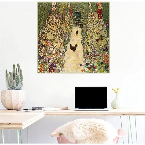 Citon Gustav Klimt《Garden Path with Hens》Canvas Oil Painting Famous Artwork Poster Picture Wall Decor Home Interior Decoration