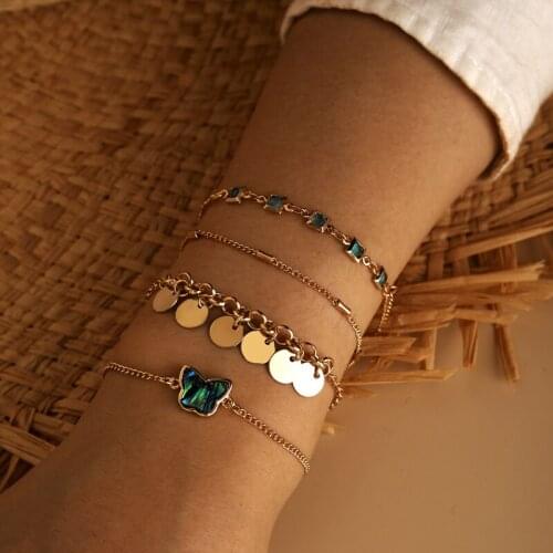 Docona Bohemia Bule Beads Butterfly Charm Bracelet for Women Girl Metal Alloy Sequins Chain Bracelet Set Jewelry Pulseiras 14113