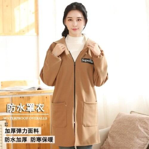 Apron female fashion gown thickened outer wear work Korean version home cute Japanese kitchen waterproof oil-proof belt sleeve