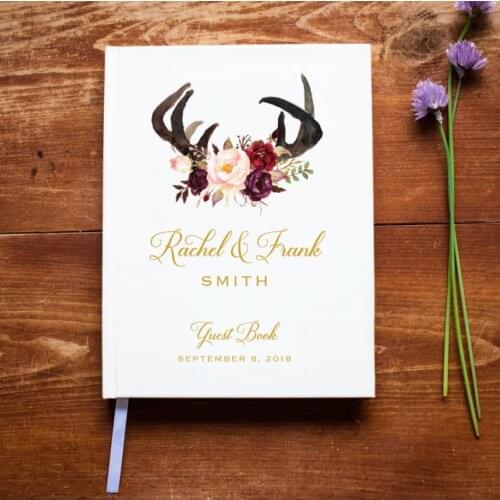 Custom Wedding Guest Book, Boho Hardcover Guest Book, Wedding Guestbook, Personalized Antlers and Roses birthday Guest Book