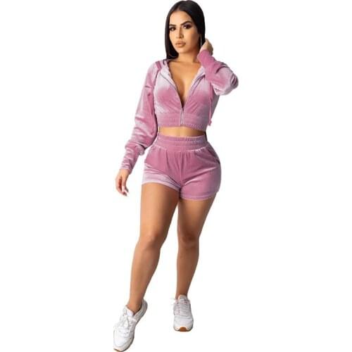 Autumn New Women Sports Suits Two Pieces Running Sets Long Sleeve Hooded Coats Crop Top+High Waist Shorts Female Tracksuits