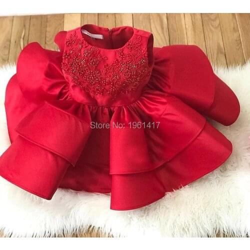 Red Silk Girl Dress Appliques Baby Girls Birthday Party Lace Gowns Sleeveless Cake Princess Dresses AG0265