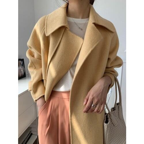 Lazy elegant temperament windbreaker mid-length lace-up double-sided woolen coat coat Korean version 21 new