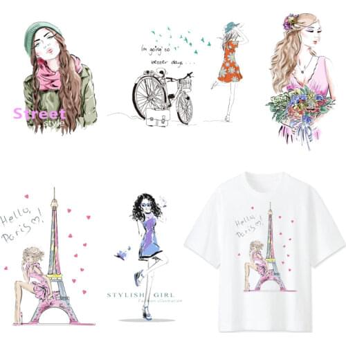 Fashion Girl Iron on Transfers Patches Clothing DIY Thermo Stickers Cute Animal Heat Transfers Patch for Child Clothes Decor F