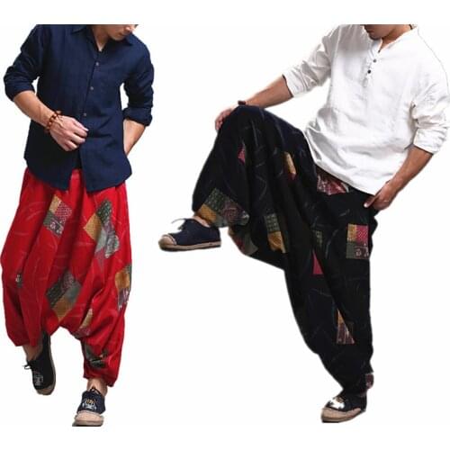 Plus Size Men Harem Pants Hiphop Baggy Loose Wide Leg Pants Cotton Linen Big Drop Crotch Joggers Boho Dance Trousers Nepal Style