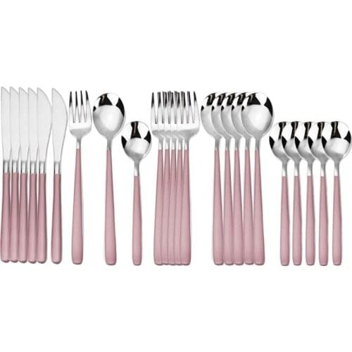 24pcs Tableware 304 Stainless Steel Set Cutlery Knifves Forks Spoons Dinnerware Western Mirror Dinner Set Party Pink Silverware