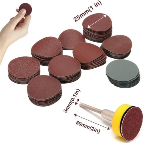 100pcs 25mm/1inch Sandpaper + 1pcs 1inch Hook Loop Backer Plate 1/8inch Shank + 1pcs Loop Sanding Pad Abrasives Mixed Polishing