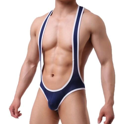 Sexy Mens Undershirts Jockstrap Mesh Breathable Jumpsuits Leotard Underwear Teddies One-Piece Wrestling Singlet Bodysuirts 2XL