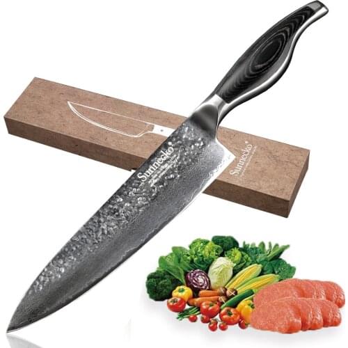 SUNNECKO 8" inch Chef Knife Japanese Damascus Steel Blade Kitchen Knives Pakka Wood Handle Razor Sharp Blade 60HRC Cutting Tools
