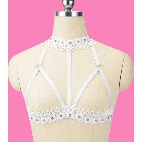 Women Gothic Lace BODY HARNESS Necklace Fetish Cage Bra Bondage Harness White Flower Lace Body Bondage Lingerie Crop Top Harness