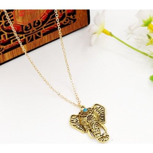 Vintage Golden Silver Plated Elephant Head Blue Stone Holllow Metallic Pendant Necklace for Women Around 63 cm