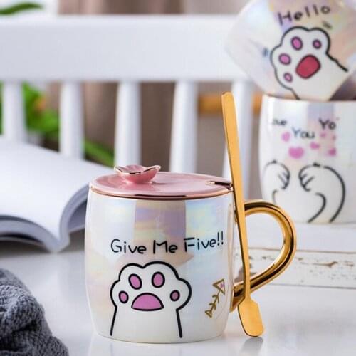 Cartoon Lucky Cat Mug With Lid Spoon Cute Cat Paw Ceramics Mug Coffee Milk Tea Mugs Breakfast Cup 350ML Drinkware Novelty Gifts