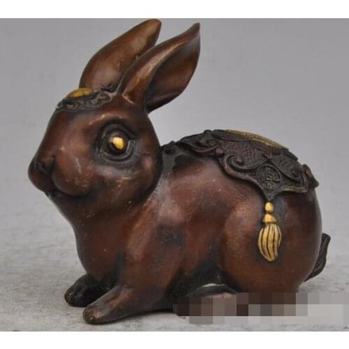 S00649 Folk Chinese Fengshui Bronze Gilt Zodiac Year Animal Rabbit Statue sculpture B0403