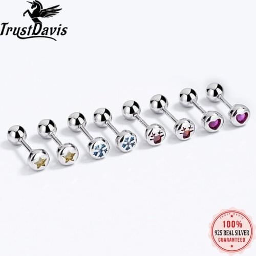 TrustDavis Real 925 Sterling Silver Round Shiny CZ Screw Stud Earrings For Women Children Baby Girls Minimalist Jewelry DB1419