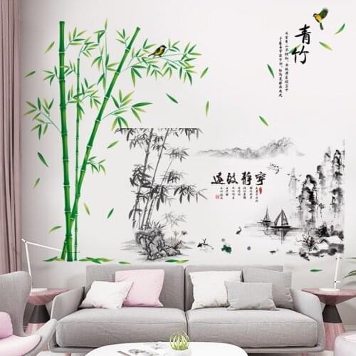 [SHIJUEHEZI] Bamboo Plants Wall Stickers Vinyl DIY Mountains Boats Mural Decals for Living Room Bedroom Kitchen Home Decoration