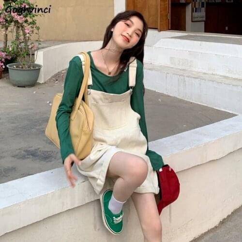 Vintage Rompers Women Fashion Loose Casual All-match Harajuku Korean Streetwear Chic Daily Ropa De Mujer Solid Pocket Students