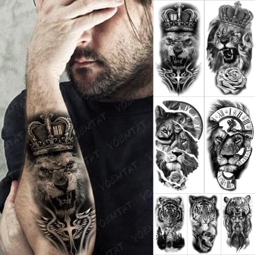 Crown Lion Cross Temporary Tattoos For Men Women Tiger Demon Rose Forest Fake Tattoos Forearm Thigh Half Sleeve Tatoos Stickers