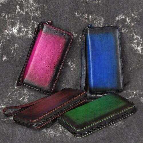 High Quality Genuine Leather Wrist Long Wallet ID/Credit Cards Multi-Capacity Vintage Natural Skin Women Clutch Handy Purse