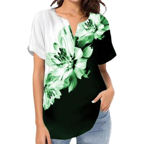 Summer Women T-shirt Casual V Neck Vintage Floral Print Tshirt Loose Short Sleeve Top Streetwear Office Lady T-Shirts