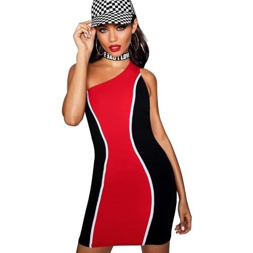 Womens Stitched Mini Skirt Summer Sleeveless One Shoulder Contrast Color Dress