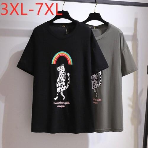 New 2021 Summer Plus Size Tops For Women Large Short Sleeve Loose Cotton Black Print Animal O-neck T-shirt 3XL 4XL 5XL 6XL 7XL