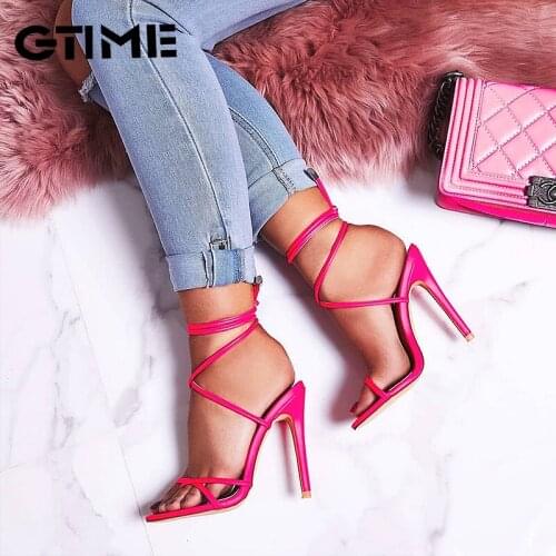 2021 European Summer Sandals Candy Color Point Toe Lace Ankle Strap Party High Heels Pumps High Thin Heel Sandals Lady#SJPAE-41