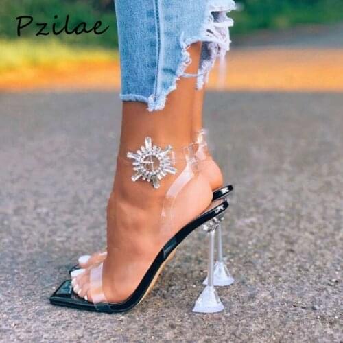 Pzilae 2020 New summer transparent sandals women elegant high heels bling crystal shoes woman sexy ladies party club dress shoes