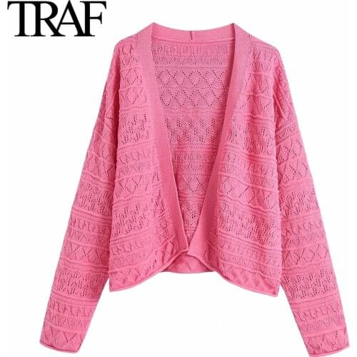 Traf Za Women Clothing 2021 Spring Autumn Loose Sweater Korean Fashion Tops Pink Knitted Cardigan
