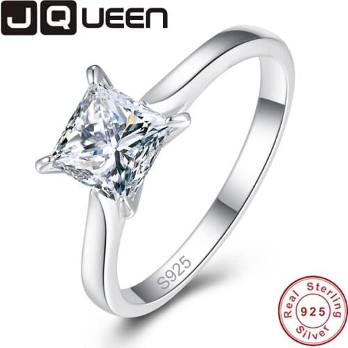 JQUEEN Sterling Silver S925 Womens Fine Jewelry Simple 6*6mm Square White Zircon Rings Wedding Engagement Valentines Day Gift