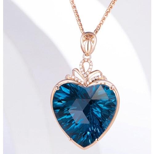 Love Heart Big 7 Carats Blue Crystal Topaz Zircon Diamonds Gemstones Pendant Necklaces For Women Rose Gold Color Jewelry Gifts