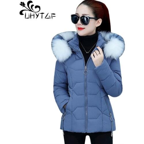 UHYTGF Winter Clothes Women Parker Cotton Coat Fashion Fur Collar Hooded Student Short Jacket Thick Warm Plus Size Outwear 1833