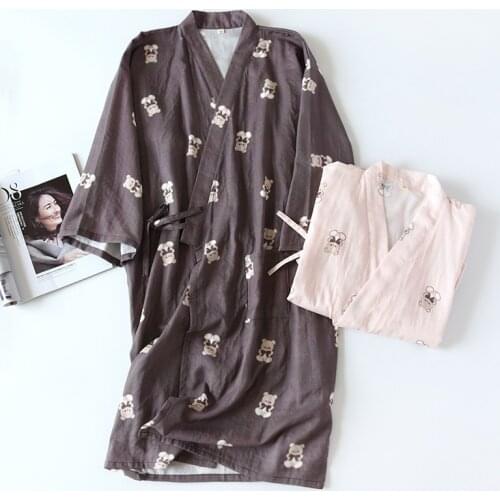 2021 summer 100% cotton gauze kimono Robes Long sleeve Cartoon bathrobe men and women V-neck Loose soft dressing gown