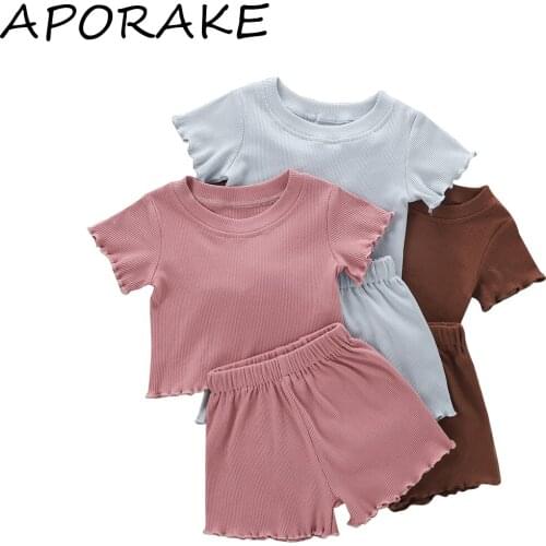 2021 0-5Y Toddlers Summer Kids Baby Girl Clothes Solid Color Ribbed O-Neck Short Sleeves Tops Elastic Waist Shorts Outfits 2pcs