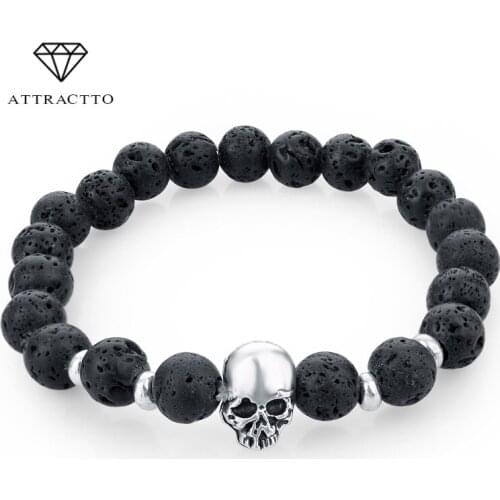 ATTRACTTO Fashion 8mm Lava Beads Skull Bracelets For Women Natural Stone Bracelets&Bangles Men Jewelry Pulsera Femme SBR150211