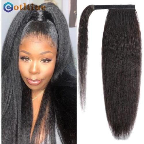 Eotltiue Kinky Straight Ponytail Hair Extension 26 Inch Magic Paste Heat Resistant Wrap Around Yaki Ponytail For Black Women