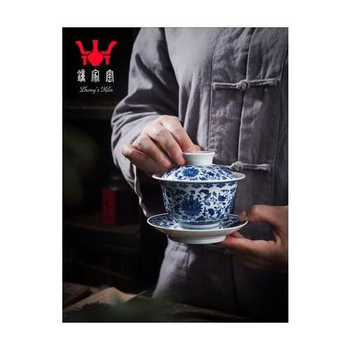 Classic Blue and White Wood Kiln Twine Tureen Chinese Style Blue and White Porcelain Three Pieces Tea a Making Bowl Tea Cup