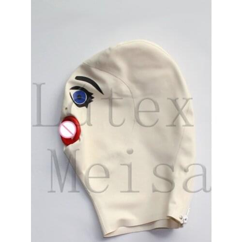 Red rolling mouth design cartoon adults' white Fetish latex hood gap bdsm with back zipper decorations