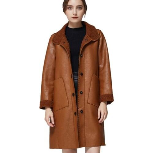 Long sleeve faux leather jacket womens Mid-length leather coat brown women jackets fashion B421