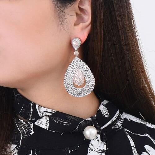 LARRAURI Trendy Luxury Waterdrop Long Dangle Earring for Women Wedding Full Micro CZ Cubic Zircon Indian Dubai Gold Earrings