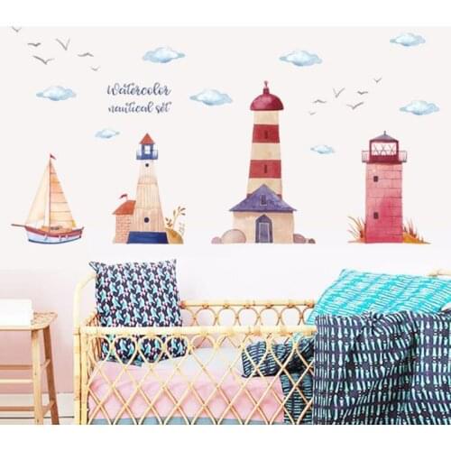 Cartoon Watercolor Lighthouse Boat Wall Stickers for Kids Room Nursery Decor Removable Bathroom Vinyl Decal Art Mural Waterproof