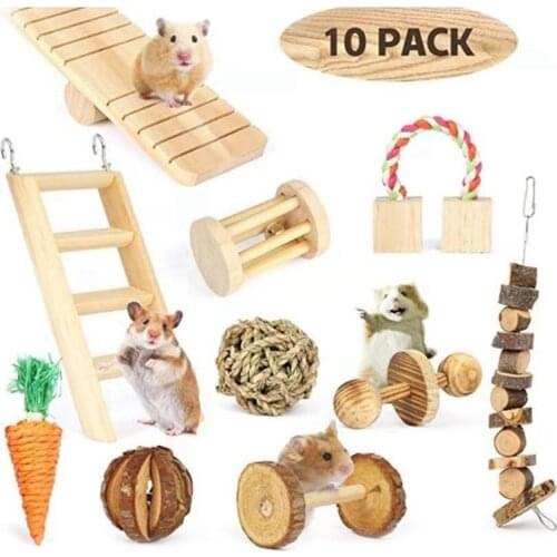 10pcs Hamster Toys Set Natural Wooden Rabbit Gerbils Guinea Pigs Hamster Chew Toys Pet Molar Cute Toys Hamster Toys Accessories