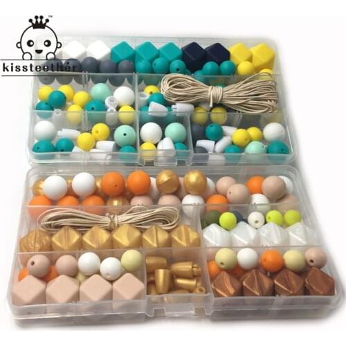 Two Boxes Baby Teether Toys Silicone Teething Pacifier Clip Kit Geometric Hexagon Silicone Teething Beads DIY Nursing Necklack