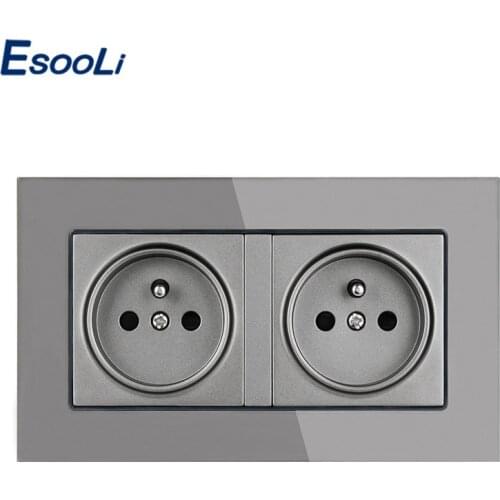 Esooli 16A Double French Standard Wall Socket Crystal Glass Panel Power Outlet Grounded With Child Protective Door Grey Black